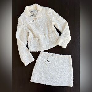 Zara Cream Textured Jacket and Skirt Ensemble